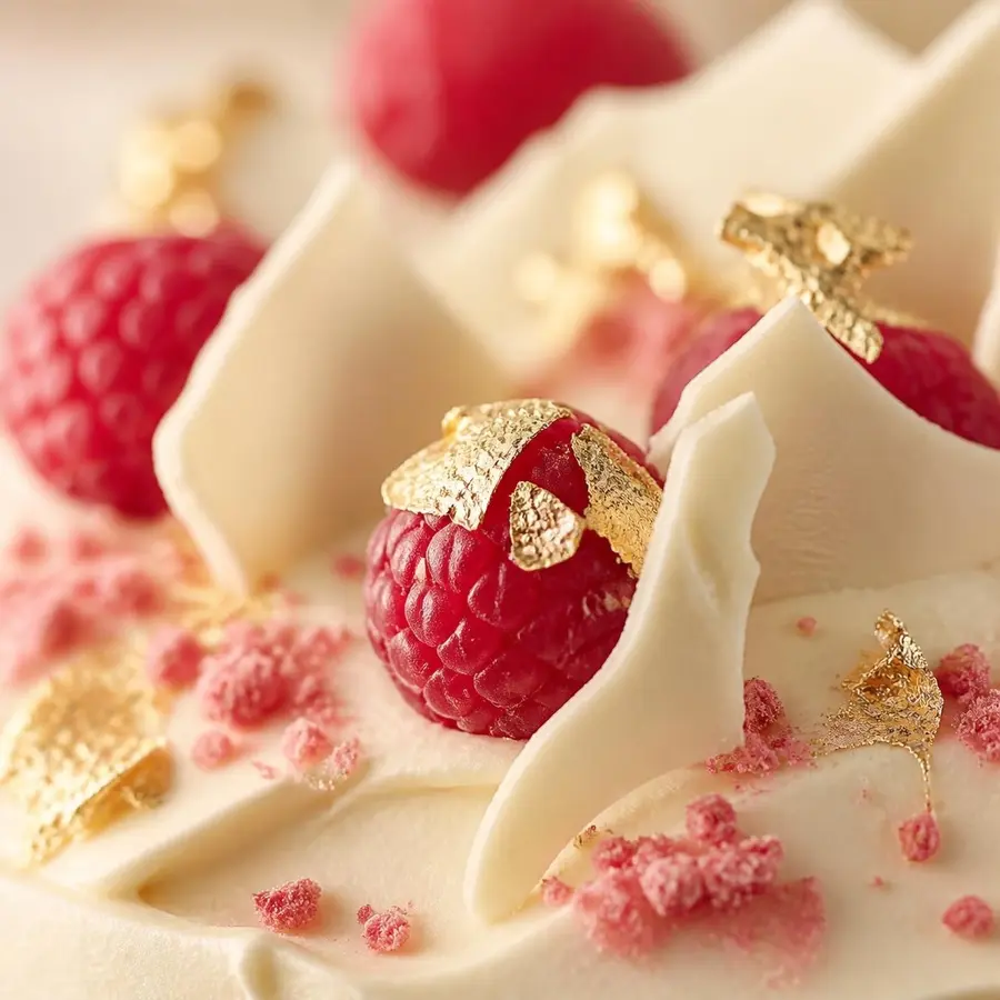 Illustration : framboises, copeaux de chocolat blanc et feuille d’or