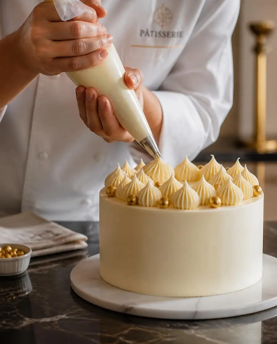 Illustration : mains de pâtissière pochant une crème sur un gâteau ivoire