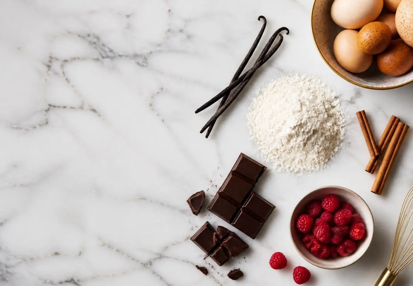 Illustration : farine, vanille, cannelle, œufs, chocolat et framboises sur marbre